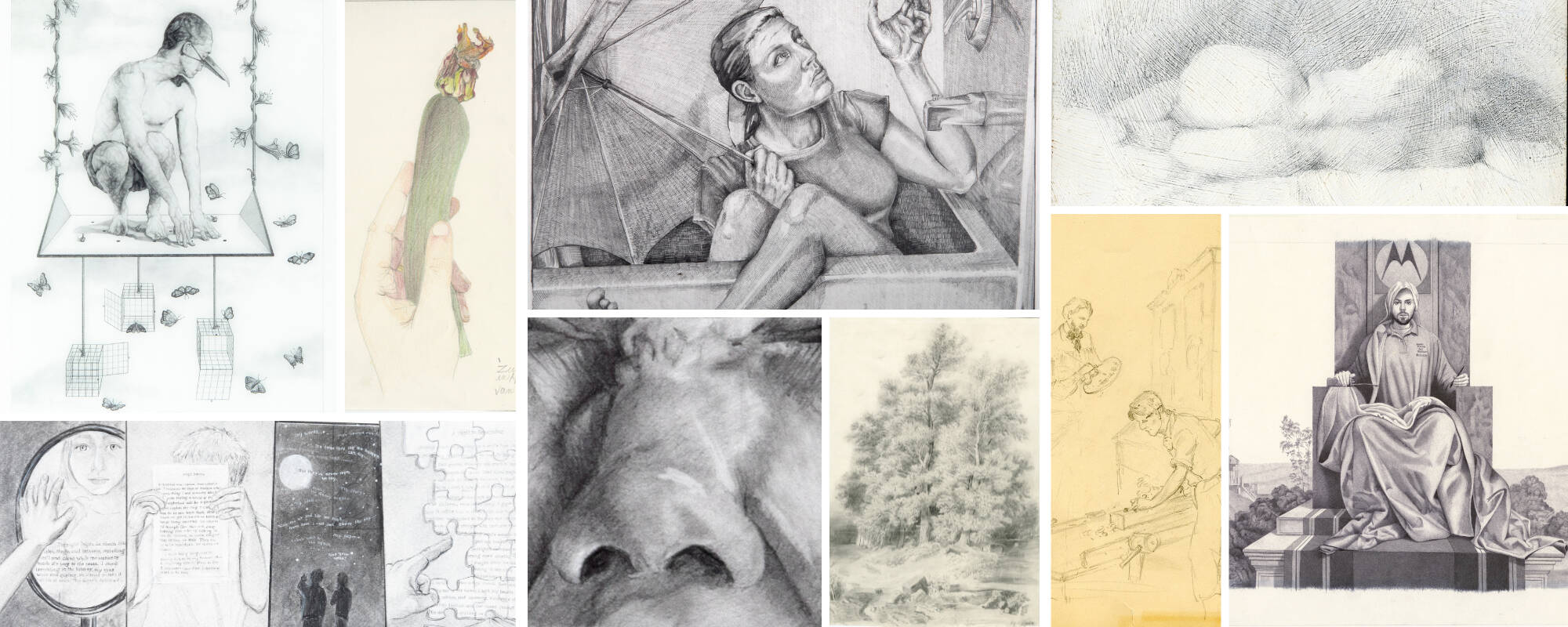 Collage of nine different works of art from the GVSU Art Museum collection that represent works created with graphite.